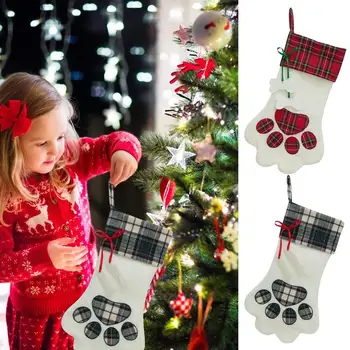 Ciorap De Crăciun De Crăciun Umplut Punga Cu Dulciuri Ciorapi Ornamente Drăguț Câine Laba Carouri Pentru Petrecere De Vacanță Festive, Decor Acasă