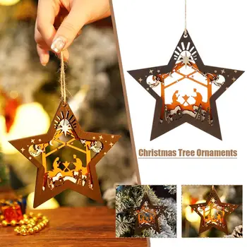 De crăciun, Sfânta Familie Ornament din Lemn Meșteșug Xmas Copac Ornament în Formă de Înger Gol Statuie Pom de Crăciun Agățat de Stele H3H7
