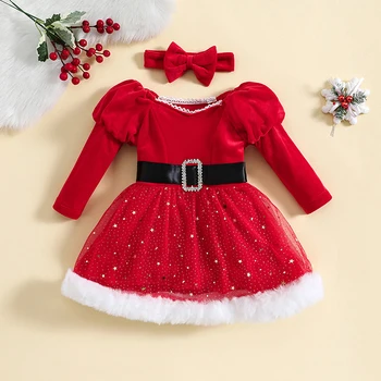 Copii Fete Costum de Crăciun, Maneca Lunga Stele Patchwork Rochie cu Banda Arc pentru Cosplay Petrecere 6M-4Y