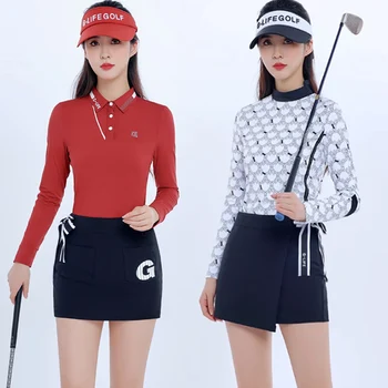 G-viata Doamnelor Imprimare Guler Polo Golf tricou Mozaic Complet Maneca Topuri Femeile Subțire O-linie Fusta Anti-expunerea de Golf Skort se Potriveste