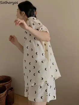 Seturi de pijama Femei Minunate Luna-imprimare Nou Pijamale Lejere de Vară Acasă Uzura Casual Japonia Stil Confortabil de zi cu Zi de Bază, Simplu, Elegant
