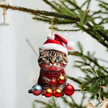 2D Acrilice Amuzant Pisica Deține Minge de Crăciun Pomul de Craciun Ornament Lateral Dublu de Imprimare de Animale Drăguț Serie de Agățat Pandantiv Cadou