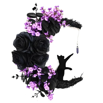 Halloween Luna Ușa Cununa Pisica Neagra Black Rose Coroană de flori pentru Interior Decoratiuni Exterioare Cat Cununa Petrecere Acasă Decor 35*25 CM