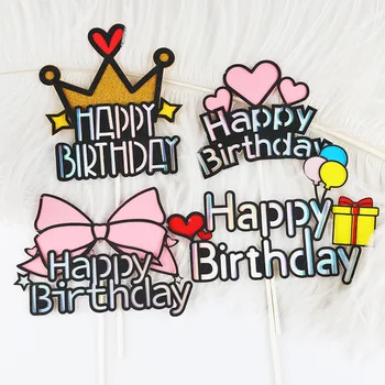 5pcs HAPPY BIRTHDAY Cake Topper Coroana de Stele Inima Bowknot Balon Fetita Cupcake Toppers Personalizate, Accesorii Decor