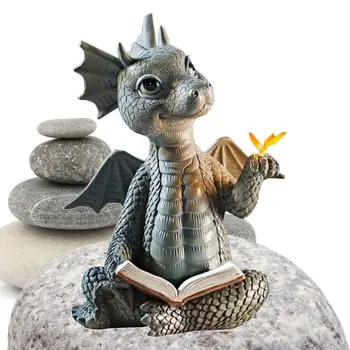 Dragon Mic Dinozaur Meditație Carte De Citire Sculptura Figura Gradina Decor Acasă Rășină Ornament