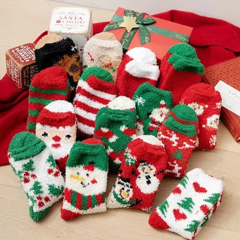 1Pair Crăciun Coral Catifea Șosete Colorate Cerb Moș Crăciun Printed Stripe Socks Femei de Iarnă se Ingroase Dormit Etaj Șosete