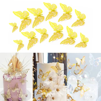 12Pcs Artificiale Fluture Happy Birthday Cake Topper de Aur 3D Fluturi Cupcake de Top pentru Petrecerea de Nunta de Copt Desert Decor