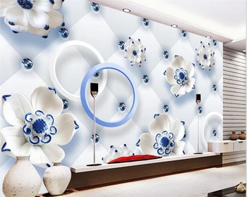 Tapet personalizat moda flori de lotus 3D albastru și alb porțelan moale pachetul TV de fundal decorare perete pictura фотообои