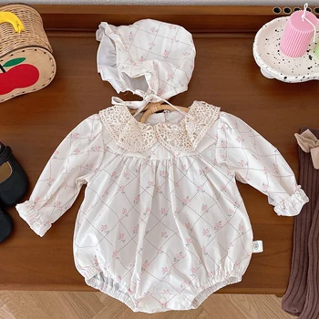 Copil Nou-Născut Fete Costume+Pălărie Cu Mâneci Lungi De Bumbac Imprimat Dantela Cusut Bebe Salopeta Toamna Primavara Haine Copii