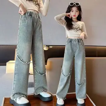 Mare Scoala de Fete Pantaloni Largi Picior cu Perla Design Casual Pierde 2023 Noua Moda de Primăvară Lung Blugi Copii Pantaloni Stil coreean