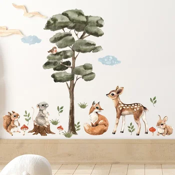 Acuarelă, desen Animat Copac și Animale de Pădure Cerb, Vulpe Bunny Autocolante de Perete pentru Camera Copii Copil Pepinieră Cameră Decalcomanii de Perete Decor Acasă