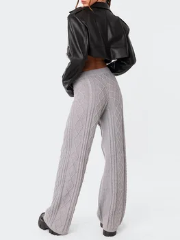 Pantaloni tricot pentru Femei Talie Elastic Largi Picior cu Nervuri Lounge Pantaloni Casual Largi Pantalonii Palazzo Cablu unită Pulover, Pantaloni