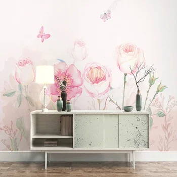 Nordic Mână-Pictat Roz Flori Picturi Murale Tapet Camera De Zi Dormitor Pastorală De Fundal De Perete Decor Acasă Pictura Fresca
