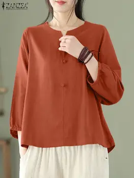 ZANZEA Moda Toamna din Bumbac Tricou Femei Casual V-Neck Bluza Feminin 3/4 Sleeve Culoare Solidă Tunica Topuri Doamnelor de Lucru OL Blusas