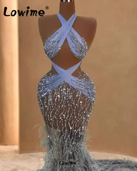 Două Modele Vedea Prin Mermaid Rochie De Seara 2023 Pene Lungi Celebritate Rochii Pentru Femei Paiete Cu Margele Petrecere De Bal Rochie
