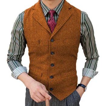 2023 Barbati Vesta Visiniu Spic Tweed Adaptate Guler Dublu Veste Cafea Afaceri Vesta pentru Bărbați Îmbrăcăminte