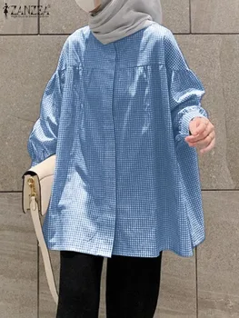 ZANZEA Moda Toamna Tricou Turcia Abaya Supradimensionat Verificat Bluza Femei Vintage Maneca Lunga Musulman Topuri Haine Islamice Caftan