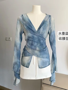 Vintage Bluze Femei Tie Dye Top De Cultură Flare Sleeve V-Neck Vara Elegante-Coreean Birou Doamnă Dulce Tricouri Casual Gyaru Cocheta