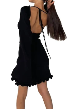 MSDMSASD Femei s Lungi Evazate cu Maneci Tricotate Rochie Mini cu Spatele gol rochie Bodycon Rochie Scurta Solid Leg Cami Dress Streetwear (Alb