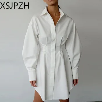 XSJPZH Moda Singur Pieptul Rochii Casual Rândul său, în Jos Guler Talie Mare, Solid Rochie Mini 2023 Vară Cutat Rochie de Camasa