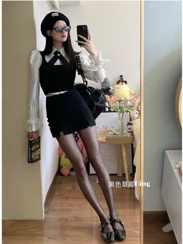 Coreea Temperament Femei Costum Negru Cu Vesta Bubble Sleeve Shirt Pantskirt Papion Moda Facultate De Îmbinare Solid Slim Patru Piese Set