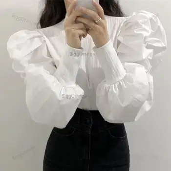 Femeile Filet Mozaic Hiperbola Mare Manșon de Puf Alb Negru Culoare O-Gât-coreean Sentiment de Design Bluza Slim Plus Dimensiune