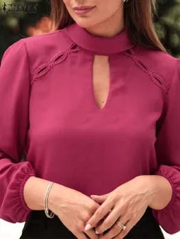 ZANZEA Vintage de Birou Bluza Femei Cusaturi Dantelă de Moda Gol în Tricoul 2024 Primăvară Stand Guler Topuri Tunica de Culoare Solidă Blusa