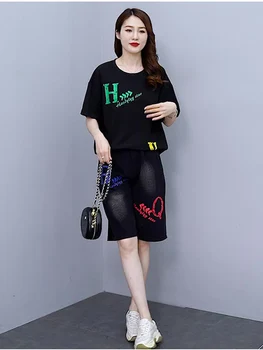Vara Femeile Două Seturi de Piese de Moda Liber Mozaic Denim Jumătate Lungime pantaloni Scurți Scrisoare de Imprimare Casual, Versatil, Simplu, O-Neck T-shirt